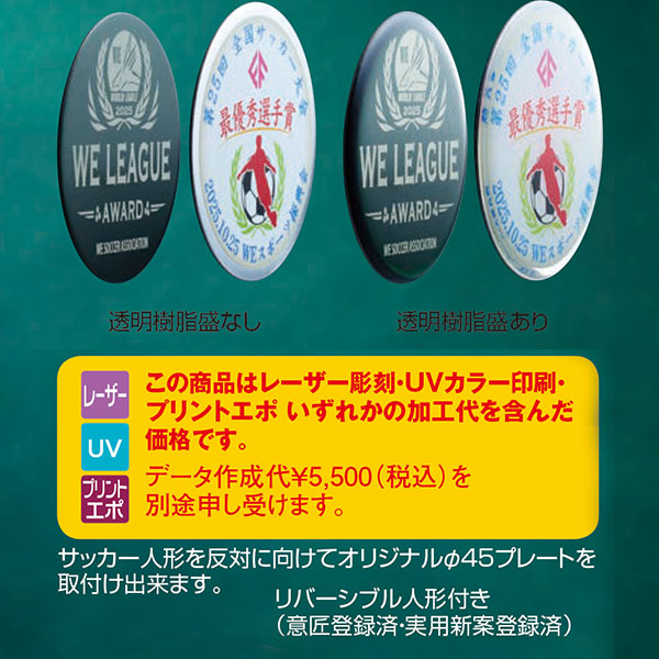 【サッカートロフィ】ロゴ入れ自在！SH-7446 レーザー彫刻 透明樹脂盛あり 30％OFF
